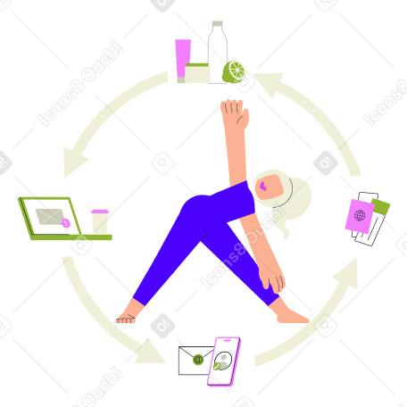 Frau sorgt für eine gesunde work-life-balance animierte Grafik in GIF, Lottie (JSON), AE