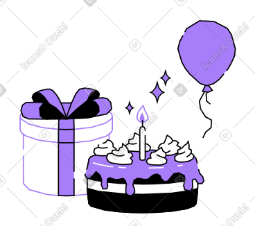 Birthday cake with present and balloon PNG, SVG