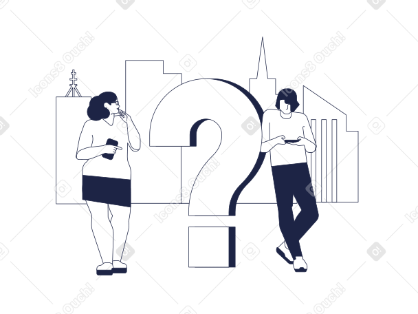 Woman and man in the city are standing next to big question mark looking at smartphones Illustration in PNG, SVG