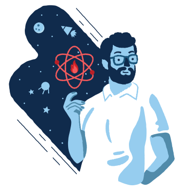 Scientist thinking about atom and space travel PNG, SVG