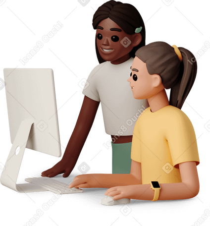 3D young women working with computer Illustration in PNG, SVG