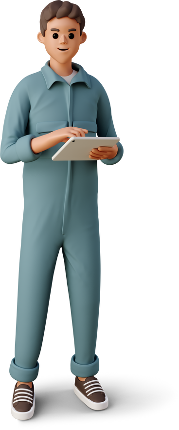 young man in the worker jumpsuit with tablet PNG, SVG