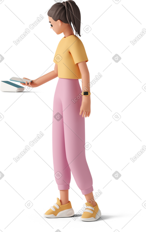 3D girl with payment terminal PNG, SVG