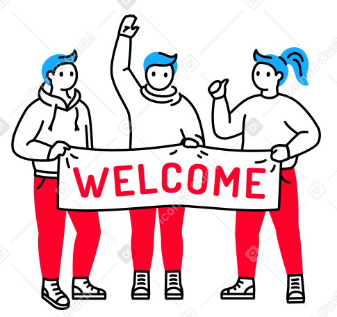 Two men and a woman holding welcome sign  Illustration in PNG, SVG