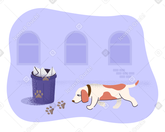 Dog following the trail to trash can PNG, SVG