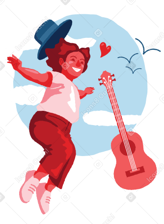 戴帽子的孩子高兴得跳起来，弹着迷你吉他 PNG, SVG