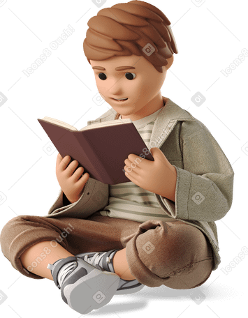 3D boy reading a book Illustration in PNG, SVG