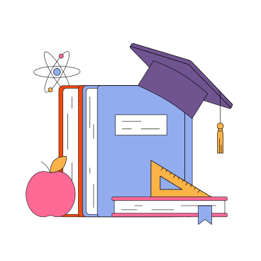 Cap hangs on the books and next to it lies an apple and a flying molecule PNG, SVG