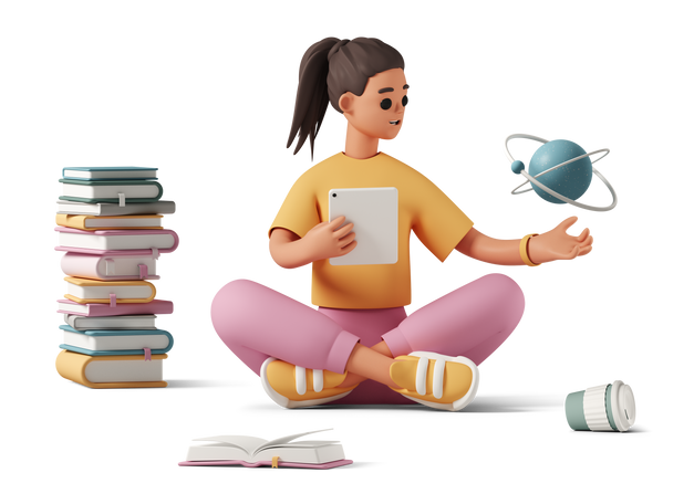 3D Girl studying science sitting in lotus pose Illustration in PNG, SVG
