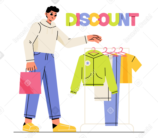 Lettering Discount with man who buys clothes on sale Illustration in PNG, SVG