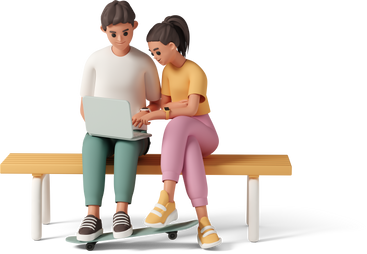 Joven y mujer sentados en un banco y mirando una laptop con piernas en patineta PNG, SVG
