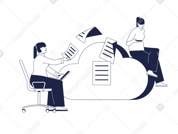 Woman with laptop on her lap sends documents to cloud storage Illustration in PNG, SVG