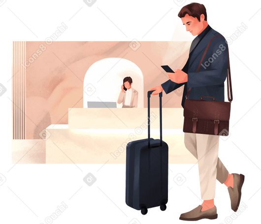 Man with suitcase at hotel reception Illustration in PNG, SVG