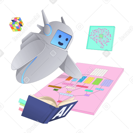 本とチャートを使って機械学習に取り組むロボット のアニメーションイラスト、GIF、Lottie (JSON)、AE