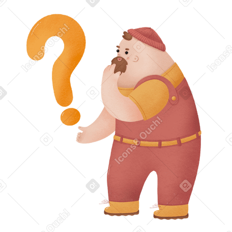 Man in red jumpsuit thoughtfully scratches beard while standing next to question mark  PNG, SVG