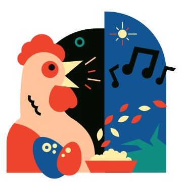 A chicken singing next to a bowl of food PNG, SVG