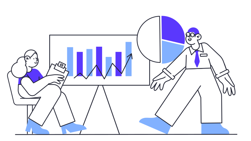 Employees giving presentation with statistics animated illustration in GIF, Lottie (JSON), AE