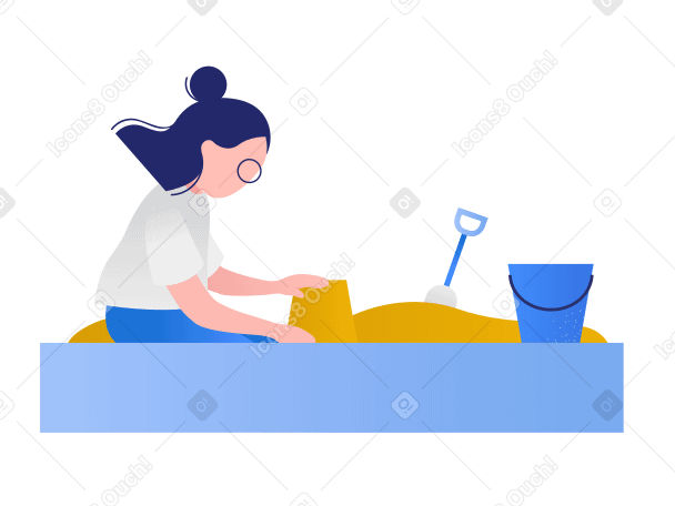 Girl plays in the sandbox and makes a sand cake Illustration in PNG, SVG