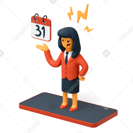 3D Деловая женщина стоит на телефоне и показывает напоминание о крайнем сроке в PNG, SVG