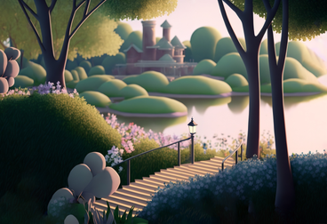 Parco della città di primavera del fumetto 3d con il lago PNG, SVG