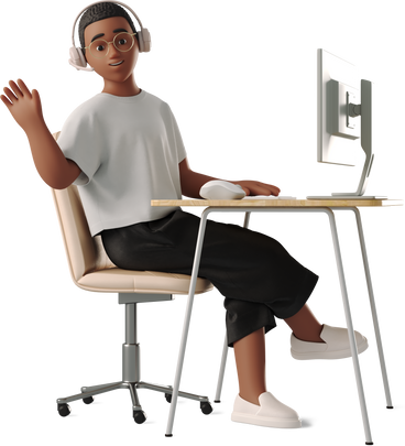 young woman waving her hand while sitting at the computer PNG, SVG