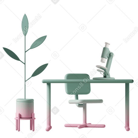 3D workspace featuring tall pot plant, chair and microscope on desk Illustration in PNG, SVG