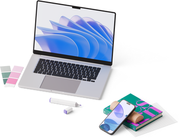 Изометрический вид ноутбука, смартфона, блокнота, цветовых палитр и маркера в PNG, SVG