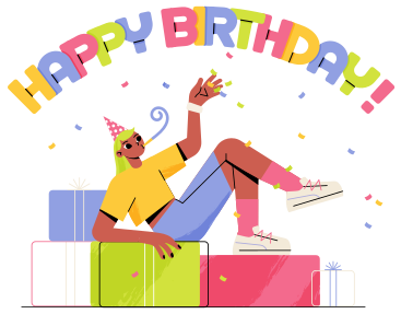 Lettering Happy Birthday with girl on gifts text PNG, SVG