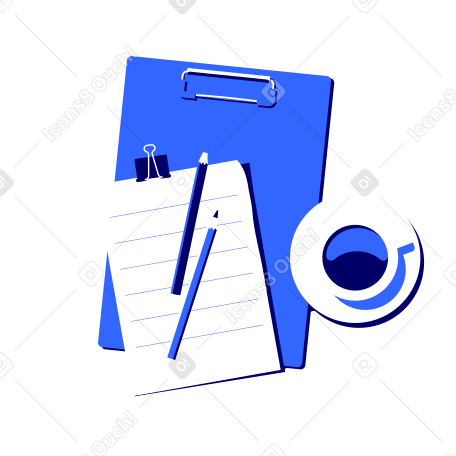 Cup of coffee top view, folder with clip, sheet of paper and two pencils Illustration in PNG, SVG