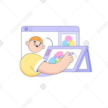 Male designer drawing on a graphics tablet Illustration in PNG, SVG