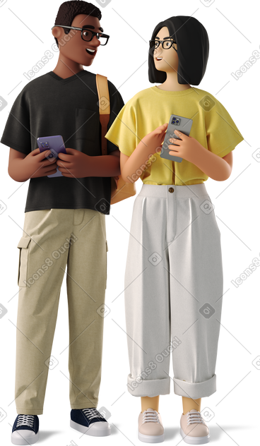 Man and woman students with phones PNG, SVG