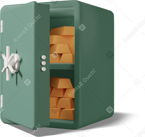 3D open safe box with gold green Illustration in PNG, SVG