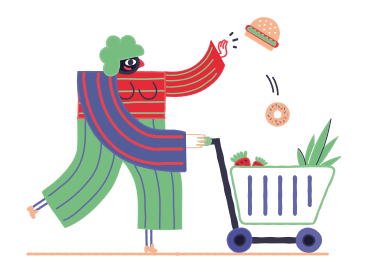 Woman putting burger and donut into shopping cart PNG, SVG