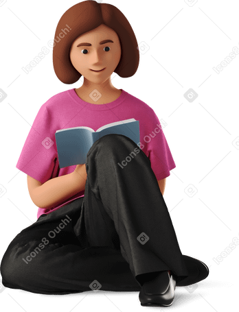 3D young woman in casual clothing reading book Illustration in PNG, SVG