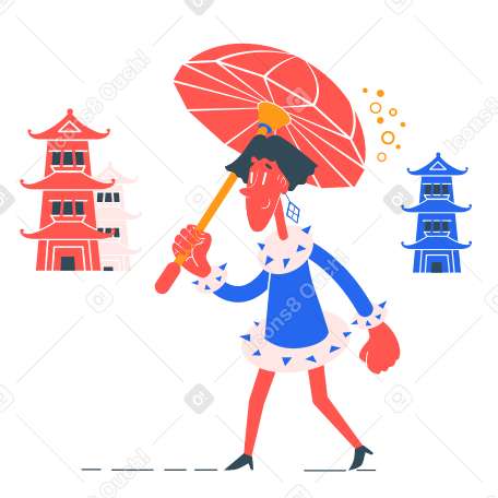 A woman walking with a Chinese umbrella в PNG, SVG