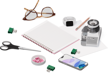 Vista isométrica de cuaderno, teléfono inteligente, gafas, reloj inteligente, tijeras PNG, SVG