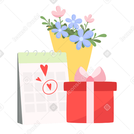 Calendar and gift with a bouquet of flowers  Illustration in PNG, SVG