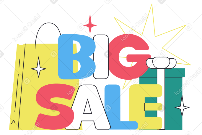 Lettering Big Sale with bag and gift box text PNG, SVG