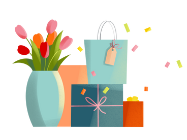 Bouquet of tulips in a vase and boxes with gifts PNG, SVG