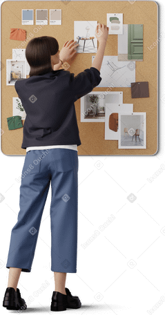 3D young woman pinning picture on moodboard PNG, SVG