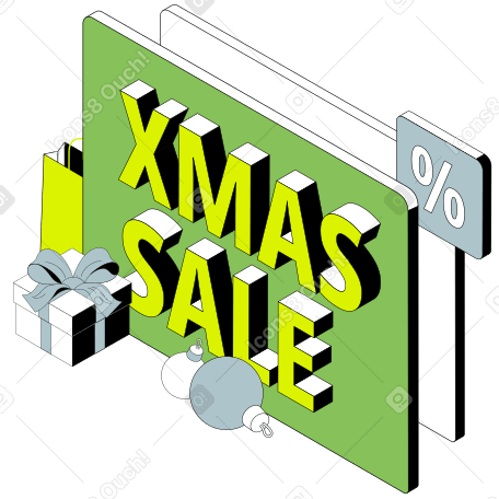 Рождественская распродажа с надписью и подарочной коробкой и текстом рождественской безделушки в PNG, SVG