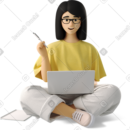 3D young woman studying online PNG, SVG