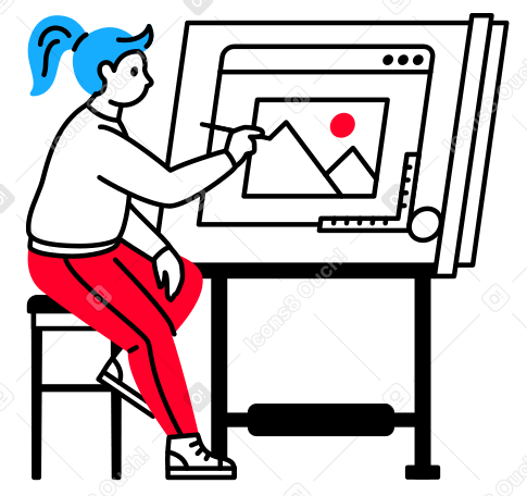 Illustration Fille assise sur un tabouret haut dessine une image sur une planche à dessin aux formats PNG, SVG