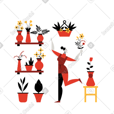 Woman decorating flower shop with flowers PNG, SVG