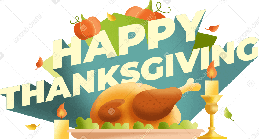 lettering happy thanksgiving with pumpkins, roast chicken and candles text PNG, SVG