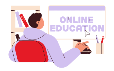 Schriftzug „online education“ mit einem mann, der am computer lernt PNG, SVG