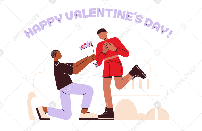 ハッピーバレンタインデーをレタリング!女の子に花束を渡す男性と PNG、SVG