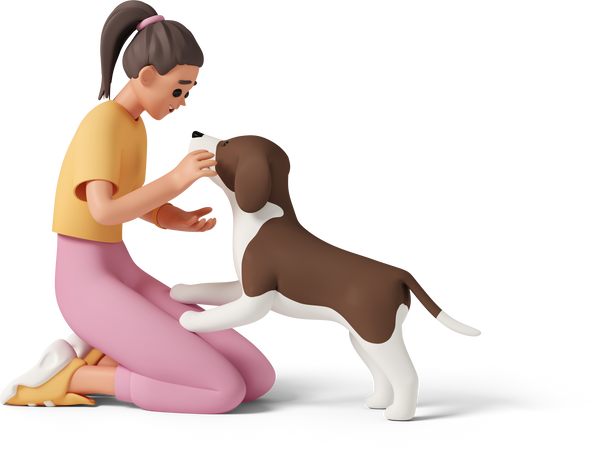 3D young woman sitting on ground and petting dog Illustration in PNG, SVG