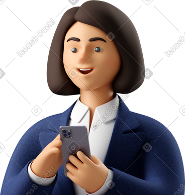 Close up of businesswoman in blue suit with phone looking aside PNG, SVG