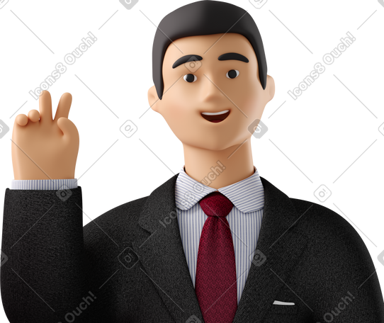 3D close up of businessman in black suit with peace sign hand PNG, SVG